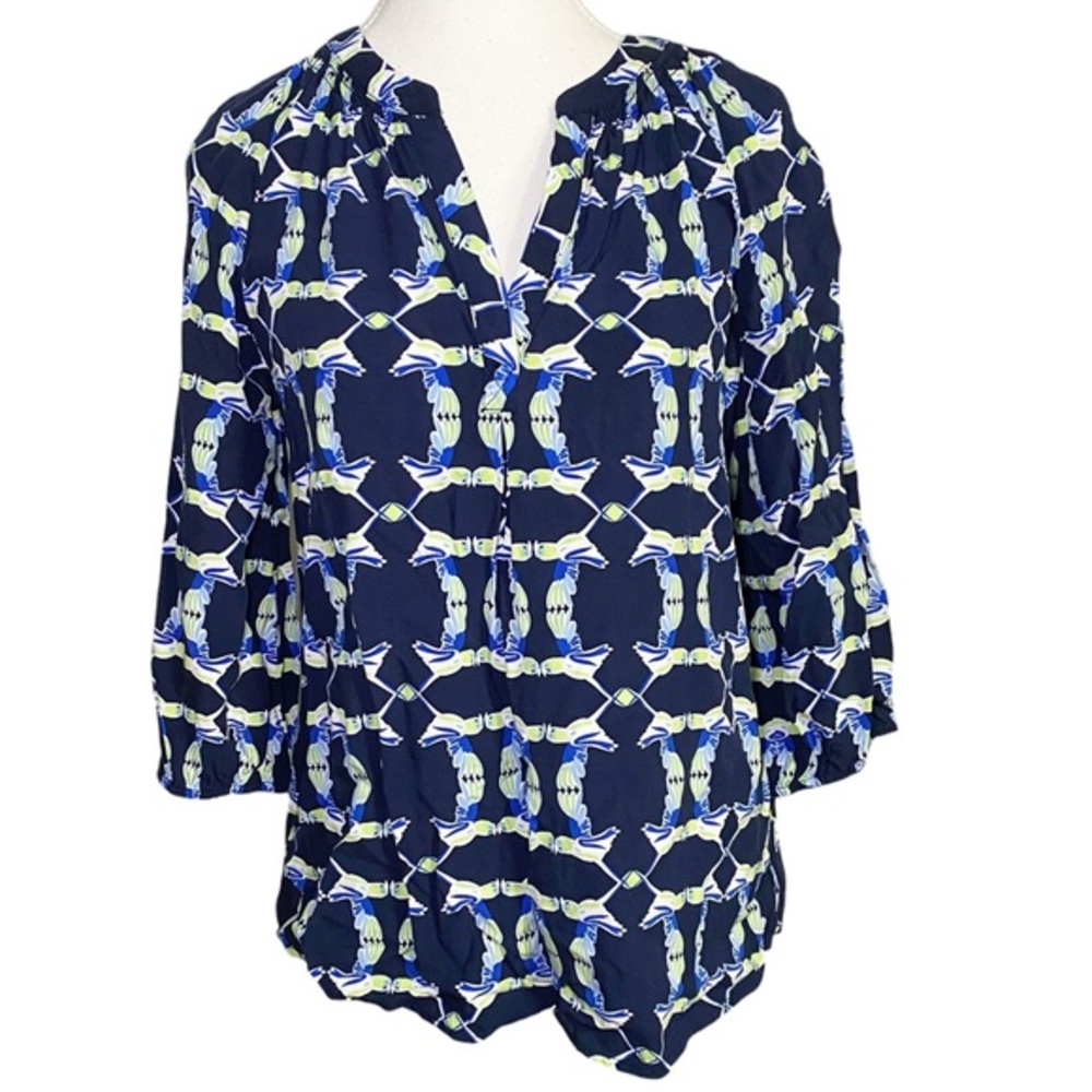 Crown & Ivy Navy and Lime Bird Patterned Blouse
